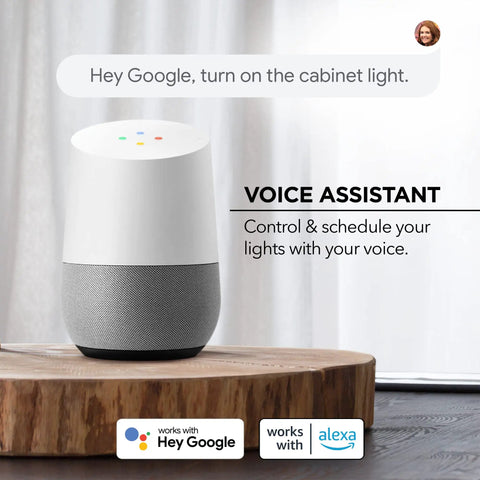 Voice assistant device next to text promoting control and schedule of lights, compatible with Indoor Outdoor RGBIC Smart WiFi LED Strip With Voice Control And Music Sync, 16.4 Feet, Multi Color LED Tape Lights For Home Theater Vibe, Mood Lighting, And Party Scenes