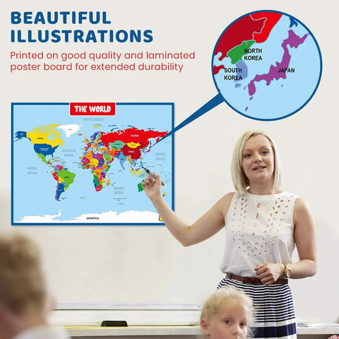 Teacher uses World Map Laminated Poster With Dry Erase Surface Double Sided For Home Classroom And Office Use 17 By 23 Inches