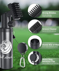Golf Club Cleaner Kit with 4oz bottle, groove cleaner, retainer clip, and nylon bristles on grass