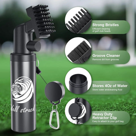 Golf Club Cleaner Kit with 4oz bottle, groove cleaner, retainer clip, and nylon bristles on grass