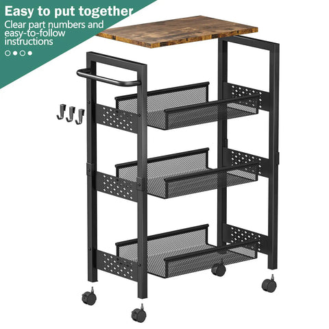 Ultra Durable Slim Utility Storage Cart On Wheels With Wood Top And Metal Frame Four Tier Narrow Rolling Organizer