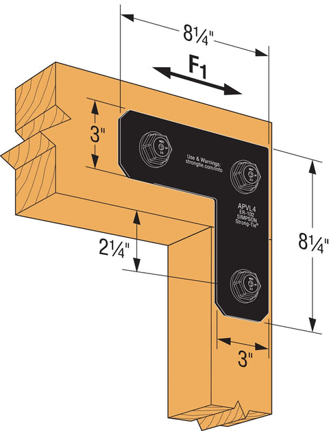 Black Powder Coated L Strap For 4x4 Posts ZMAX Galvanized 12 Gauge Steel Avant Collection, diagram showing dimensions and placement