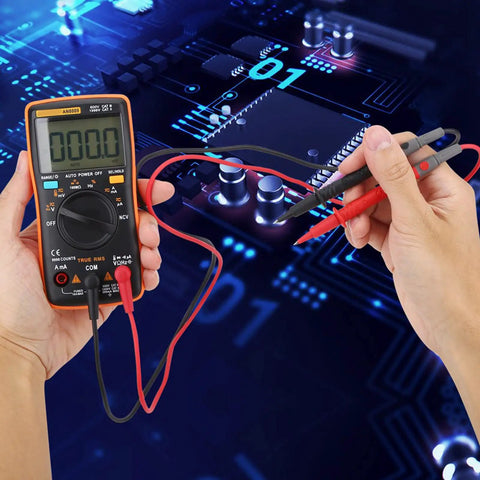 Go To Digital Multimeter Tester AN8009 in use, showing backlit LCD display and leads testing a circuit board for accurate readings.