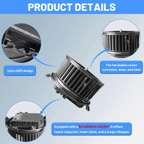 Brushless HVAC Heater Blower Motor For Chevy GMC Cadillac - Direct-Fit Plug-And-Play Replacement For Silverado 1500 Sierra 1500 Tahoe Yukon Escalade 2015-2020 700330 Quiet Durable Easy Install showing 4-pin OEM design and fan blades.