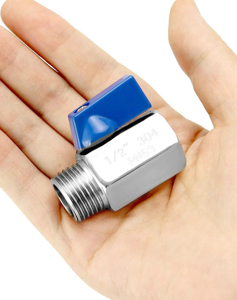 Hand holding 4 Pack Durable 304 Stainless Steel Ball Valve With 1/2 Inch NPT Female And Male Threads Shut Off Valves