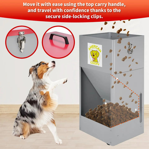 Tough As Nails Rolling Dog Feeder With Locking Casters, 25 Pound Heavy Duty Galvanized Steel Gravity Food Dispenser with dog