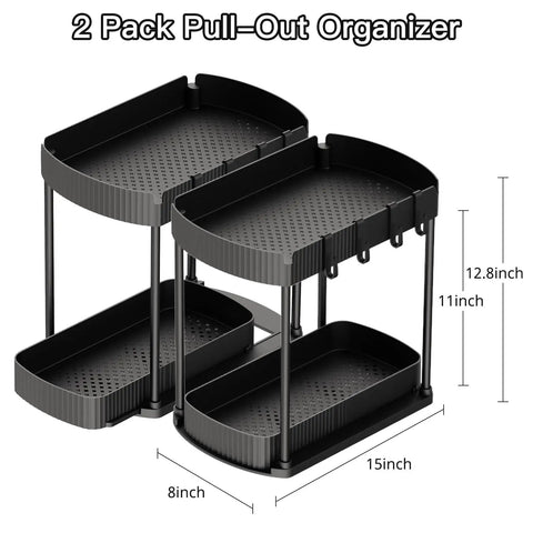 Heavy Duty Sliding Under Sink Organizers 2 Pack Black Pull Out Cabinet Drawers image showing dimensions and design