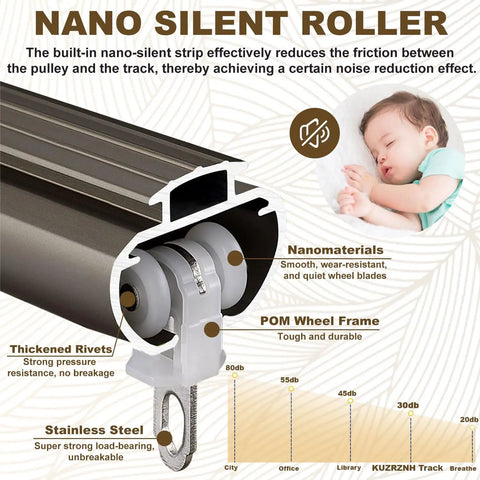 Heavy Duty Double Curtain Track System With Aluminum Brackets And Wall Mount, Silent Glide Rails For Room Divider In Living Room, Bedroom, Or Hospital, 2.2m Black nano silent roller close-up