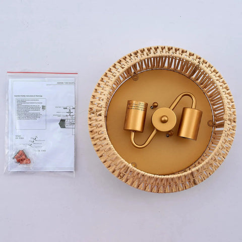 Natural Rattan Flush Mount Ceiling Light Fixture In Antique Brass Brush Finish with instruction manual and components.