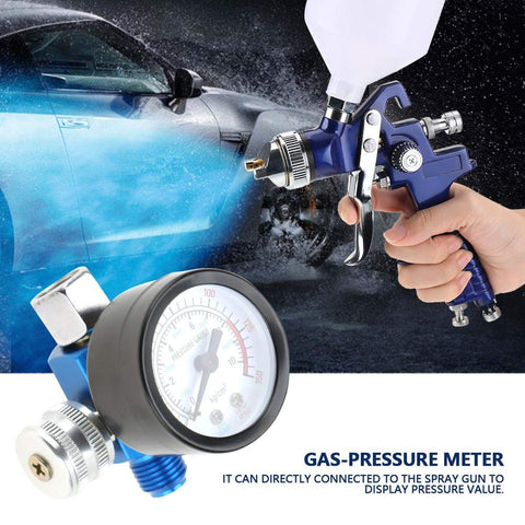 Inline Quarter Inch Pro Grade Mini Air Regulator Kit with spray gun, pressure gauge displayed, 0 to 150 PSI, clear dial.