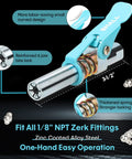 Side view of SHALL grease gun coupler with blue lever, zinc-coated alloy steel, for 1/8-inch NPT grease fittings