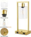 Industrial Table Lamp Set Of 2 With Gold Finish, Dimmable Nightstand Lamp with USB Ports and AC Outlet, Clear Glass Shade