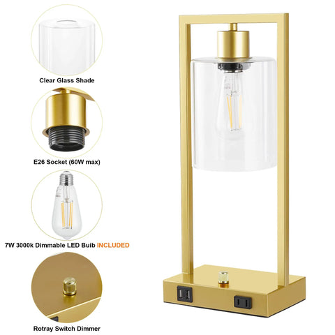 Industrial Table Lamp Set Of 2 With Gold Finish, Dimmable Nightstand Lamp with USB Ports and AC Outlet, Clear Glass Shade