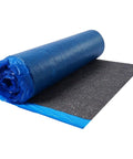 Heavy Duty Floor Underlayment Covers Four Hundred Square Feet featuring integrated vapor barrier and acoustic core roll with blue polyethylene outer layer.