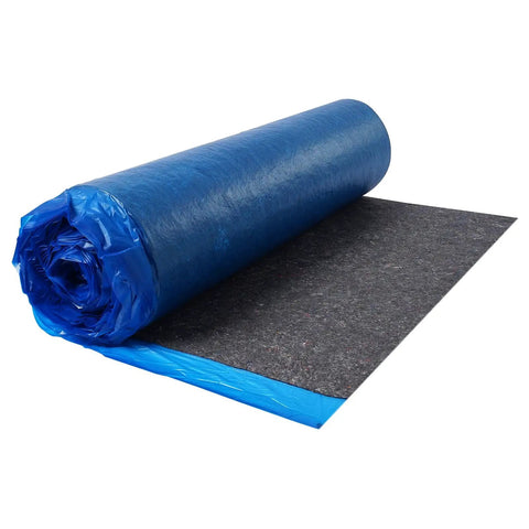 Heavy Duty Floor Underlayment Covers Four Hundred Square Feet featuring integrated vapor barrier and acoustic core roll with blue polyethylene outer layer.
