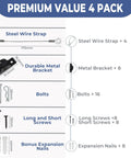 Components of Heavy Duty Anti Tip Furniture Safety Straps For Baby Proofing, including straps, brackets, screws, and anchors.
