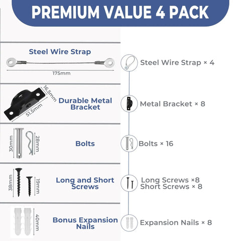 Components of Heavy Duty Anti Tip Furniture Safety Straps For Baby Proofing, including straps, brackets, screws, and anchors.