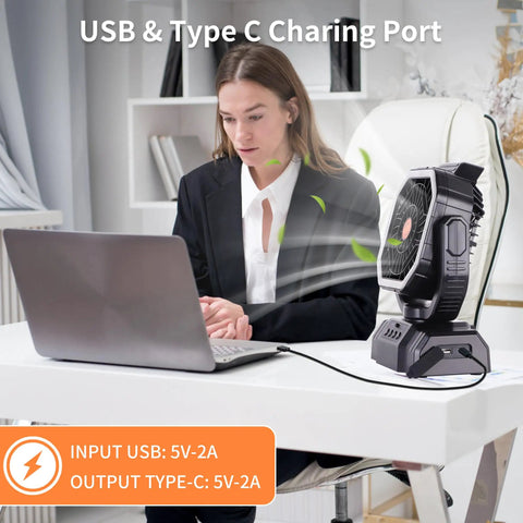 Beast 20000mAh Portable Camping Fan with Remote Control on an office desk, USB-C port visible, black model.
