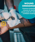 Be Smart Get Prepared 110 pc First Aid Kit: gloved hands apply sterile gauze pads to forearm
