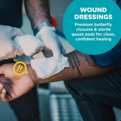 Be Smart Get Prepared 110 pc First Aid Kit: gloved hands apply sterile gauze pads to forearm