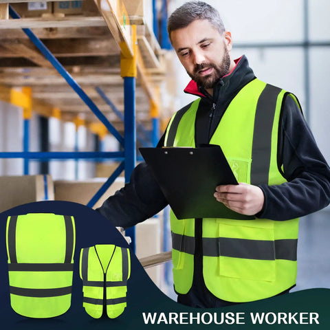 Warehouse worker wearing a fluorescent green and black reflective safety vest with pockets and zipper, holding a clipboard.