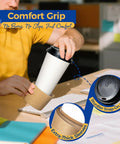 Person placing Leak Proof 16 Oz Disposable Coffee Cups With Lids Sleeves To Go Cups For Hot Beverages on table, showing comfort grip.