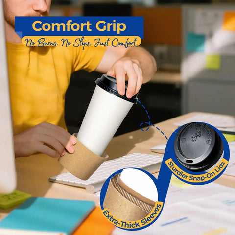 Person placing Leak Proof 16 Oz Disposable Coffee Cups With Lids Sleeves To Go Cups For Hot Beverages on table, showing comfort grip.