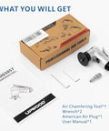 Upwood air chamfering tool with two wrenches, plug, and manual beside a brown cardboard box