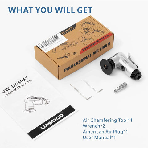 Upwood air chamfering tool with two wrenches, plug, and manual beside a brown cardboard box