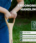Person holding D-handle of Heavy Duty Garden Fork Pitchfork 4 Prong Spading Tool, weather resistant wood, ergonomic handling