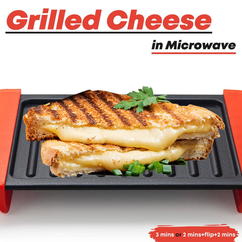 Maconee Microwave Grill For Melty Cheesy Sandwiches And Crispy Paninis with grilled cheese sandwich on thermal plate.