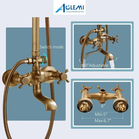 Antique Brass Tub Shower Faucet Set With 8 Inch Shower Head Handheld Spray And Diverter Triple Function Mixer details
