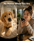Woman using phone app with 2K 5G Indoor Security Camera With Crying Detection AI Baby Monitor No Monthly Fees 360 Degree Pan Tilt WiFi Pet Camera With 2 Way Audio Auto Tracking And Local 24 7 SD Storage Up To 256GB Phone App Compatible