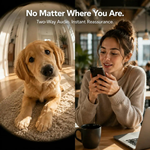 Woman using phone app with 2K 5G Indoor Security Camera With Crying Detection AI Baby Monitor No Monthly Fees 360 Degree Pan Tilt WiFi Pet Camera With 2 Way Audio Auto Tracking And Local 24 7 SD Storage Up To 256GB Phone App Compatible