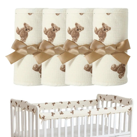 Breathable Cotton Gauze Bed Rail Teething Protector For Crib Sides with teddy bear design, shown wrapped and on crib rail