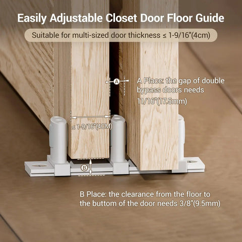Runs Like Butter Adjustable Aluminum Sliding Closet Door Floor Guide For Double Bypass Tracks showing installation instructions and measurements.