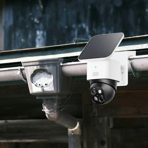 Heavy Duty Gutter Mount Bracket For Security Cameras No Drill Install White Metal Holder installed with SoloCam on gutter