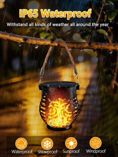 Four Pack Solar Lanterns With Flickering Flame, Outdoor Waterproof Hanging Lights with realistic orange flame effect in rain.