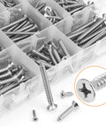 525 Piece Wood Screw Set In 16 Sizes Stainless Steel Self Tapping Phillips Flat Countersunk Wood Screws For Any Project From Size 4 To Size 12 And Lengths From Half Inch To Two Inches 304 Stainless Great For Decks Furniture Cabinets DIY displayed in an organizer with close-up of a single screw head.
