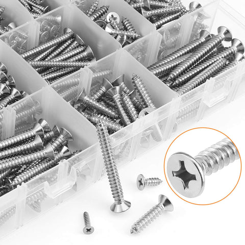 525 Piece Wood Screw Set In 16 Sizes Stainless Steel Self Tapping Phillips Flat Countersunk Wood Screws For Any Project From Size 4 To Size 12 And Lengths From Half Inch To Two Inches 304 Stainless Great For Decks Furniture Cabinets DIY displayed in an organizer with close-up of a single screw head.
