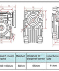 Technical diagram of NMRV030 40 To 1 Worm Gear Reducer with dimensions, square output 14mm shaft for Nema23 stepper motor.
