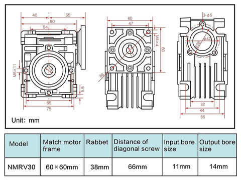 Technical diagram of NMRV030 40 To 1 Worm Gear Reducer with dimensions, square output 14mm shaft for Nema23 stepper motor.