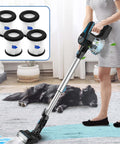 Woman using cordless vacuum with 4 Pack HEPA Filter With Mesh Replacement For INSE N5S N5T S6T S6P Pro Cordless Vacuum Cleaner Compatible With N500 Series S6T Pro And More Replacement Filters