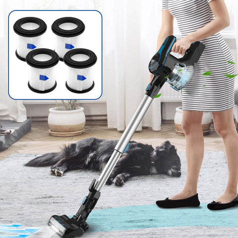 Woman using cordless vacuum with 4 Pack HEPA Filter With Mesh Replacement For INSE N5S N5T S6T S6P Pro Cordless Vacuum Cleaner Compatible With N500 Series S6T Pro And More Replacement Filters