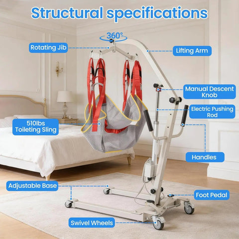 Rock Solid Heavy Duty Electric Patient Lifter 510lb Homecare Transfer Hoist with adjustable base and 360° lifting arm.