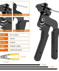 Stainless Steel Cable Tie Gun Set With 300 Black Zip Ties, tool details, scissors and size chart for precise fastening