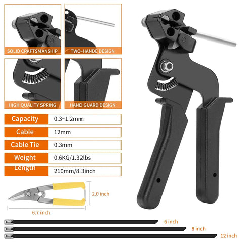Stainless Steel Cable Tie Gun Set With 300 Black Zip Ties, tool details, scissors and size chart for precise fastening