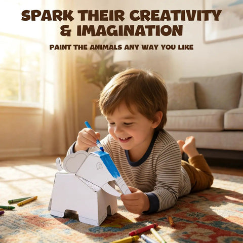 Child painting an elephant from Fun DIY Cardboard Animal Toys 3D Coloring Puzzle Arts And Crafts Kit For Kids Ages 4 To 8