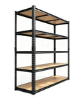 Rock Solid Five Tier Metal Storage Shelves Seven Foot Tall Garage Shelving Workhorse with black steel frame and particle board tops.