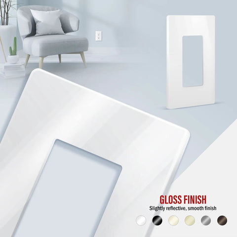 Screwless Decorator Wall Plate 1-Gang White Gloss Finish Outlet Cover, Kid Safe, Unbreakable Polycarbonate, in modern room.